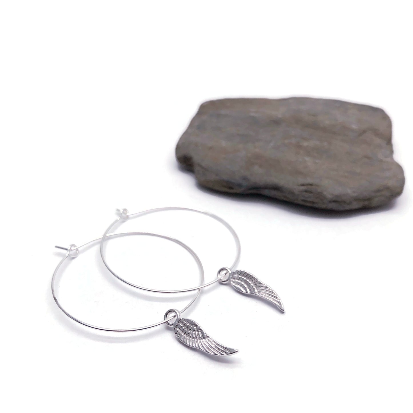 Angel Wings Charm Silver Plated Hoop Earrings : 35mm Diameter