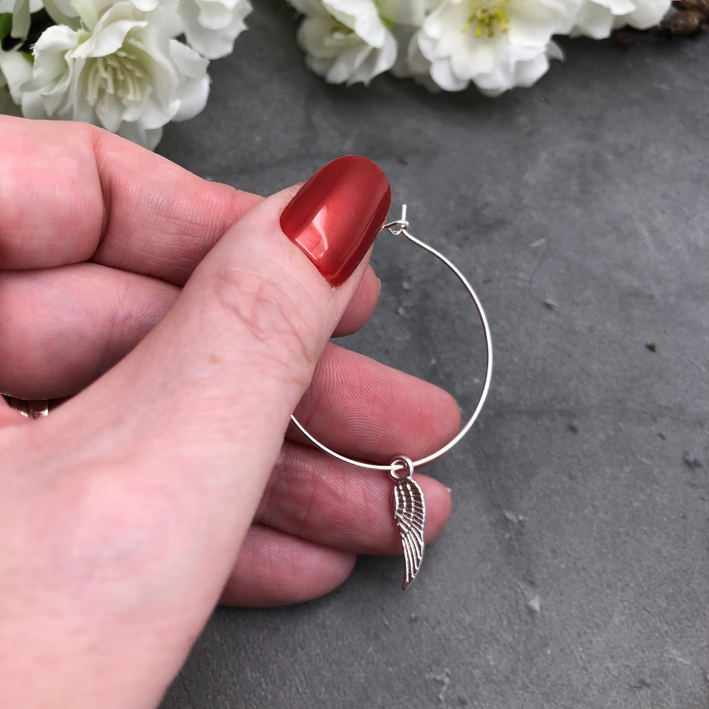 Angel Wings Charm Silver Plated Hoop Earrings : 35mm Diameter