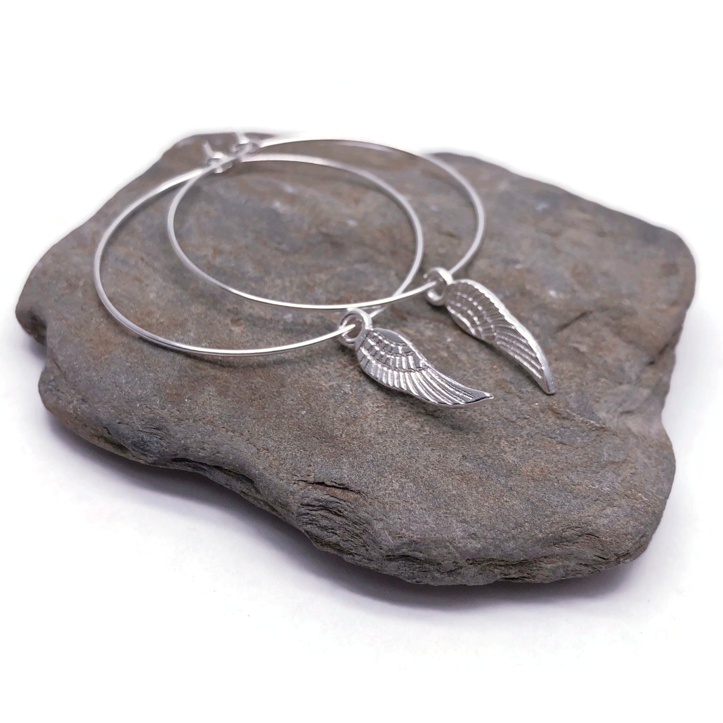 Angel Wings Charm Silver Plated Hoop Earrings : 35mm Diameter
