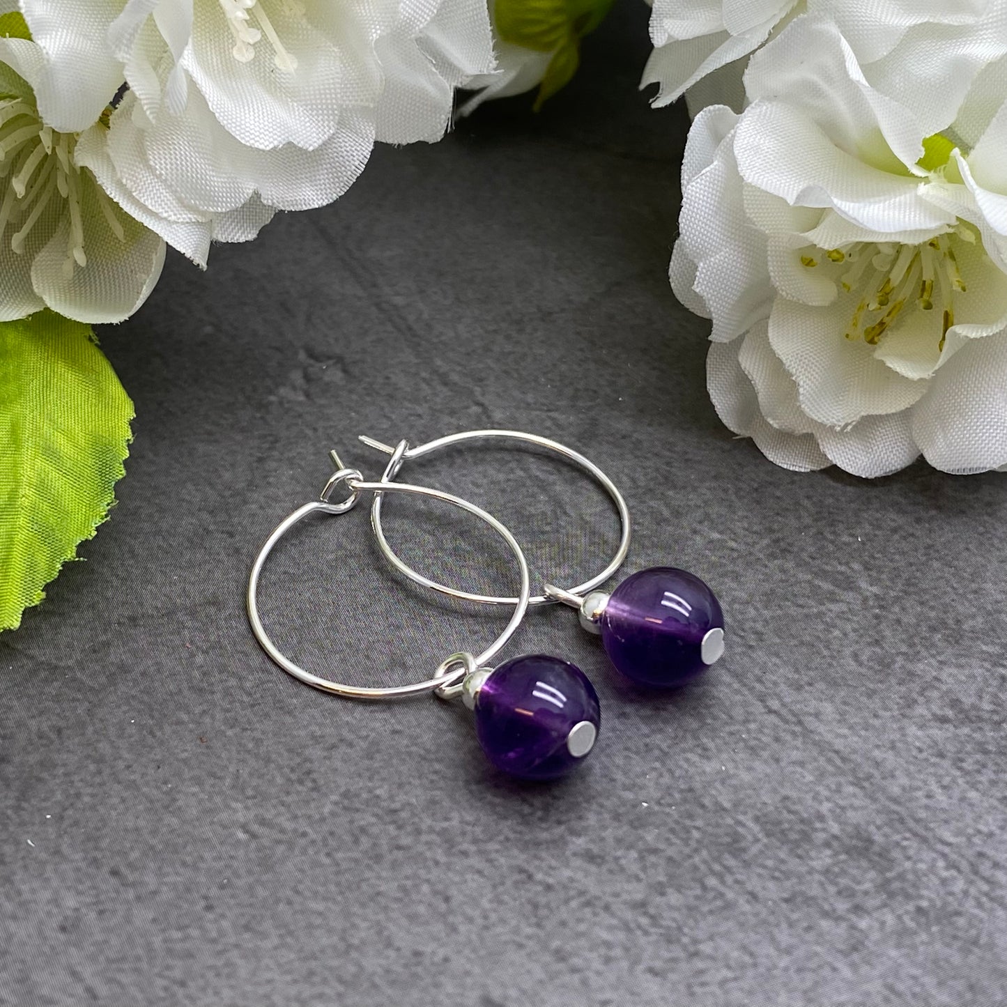 Amethyst 8mm Stone Bead Silver Plated Hoops : 20mm