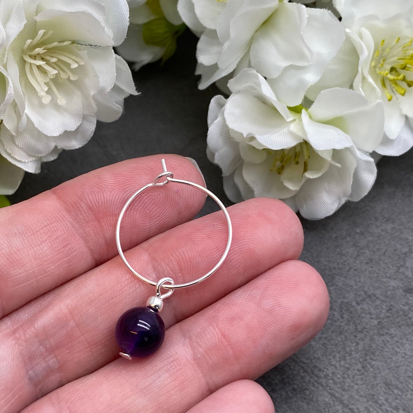 Amethyst 8mm Stone Bead Silver Plated Hoops : 20mm