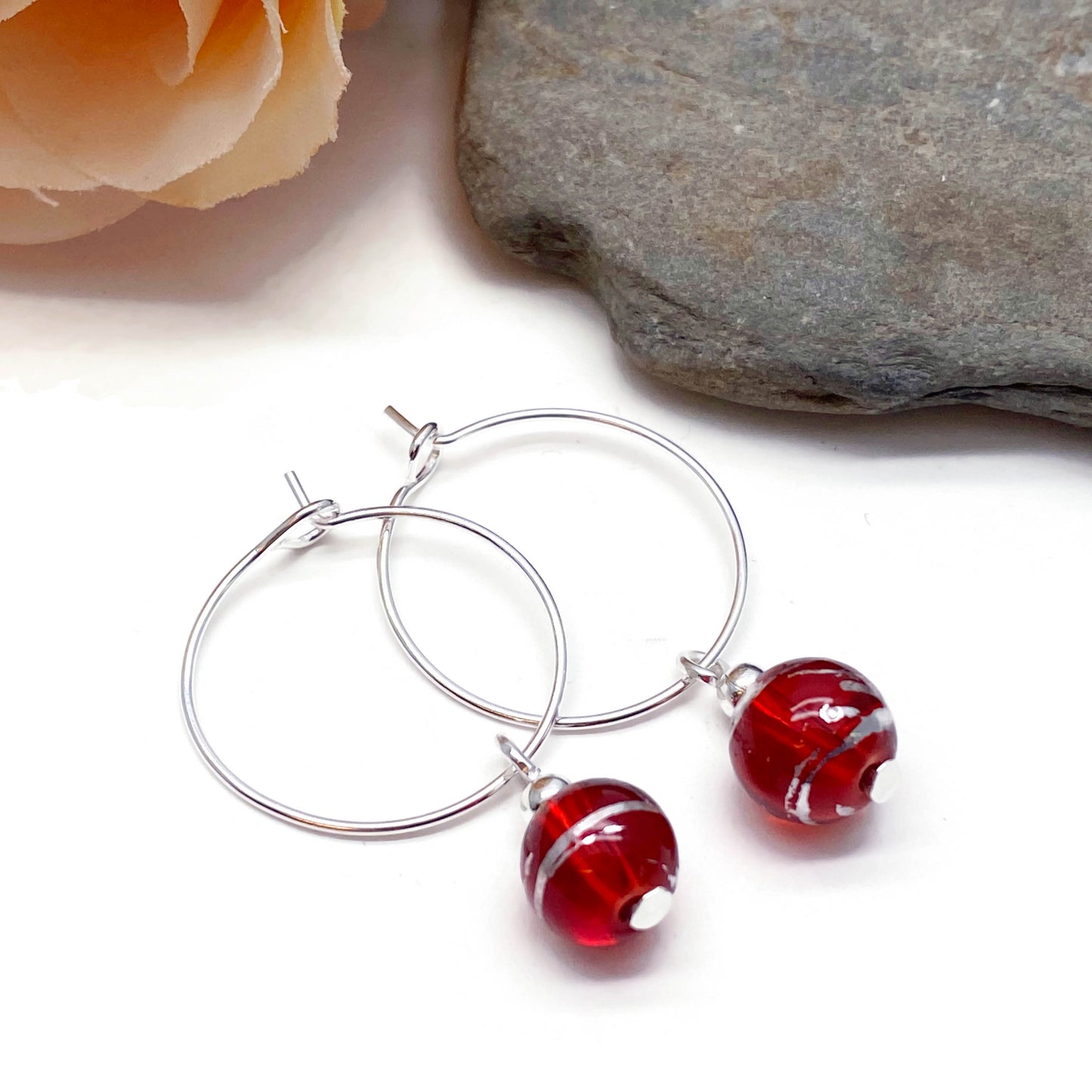 Red Drawbench Glass Bead Silver Plated Hoops : 20mm