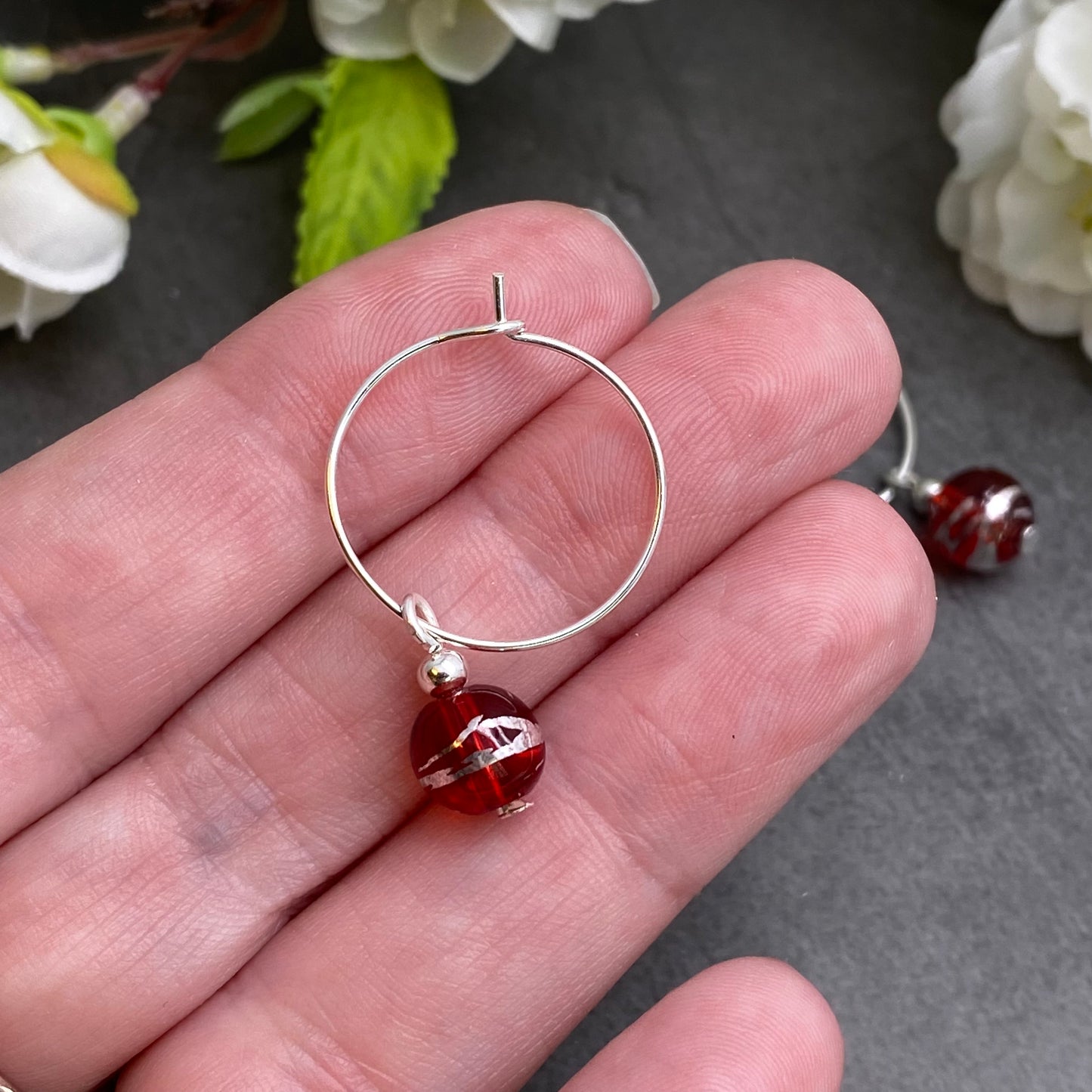 Red Drawbench Glass Bead Silver Plated Hoops : 20mm