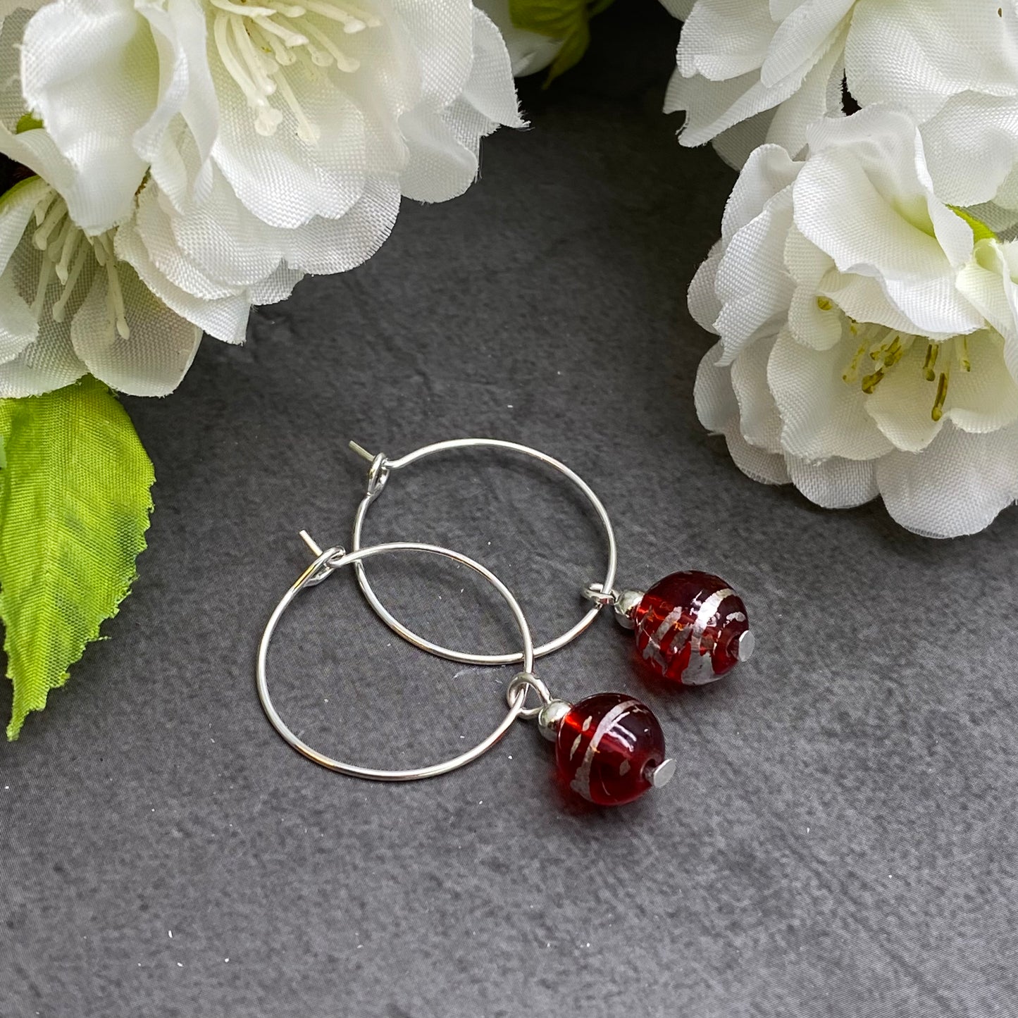 Red Drawbench Glass Bead Silver Plated Hoops : 20mm