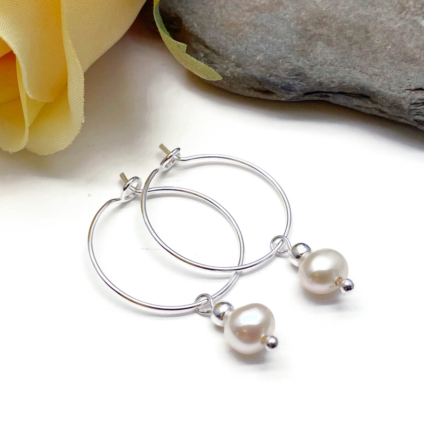 White Freshwater Pearl Bead Silver Tone Hoops : 20mm