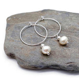 White Freshwater Pearl Bead Silver Tone Hoops 20mm