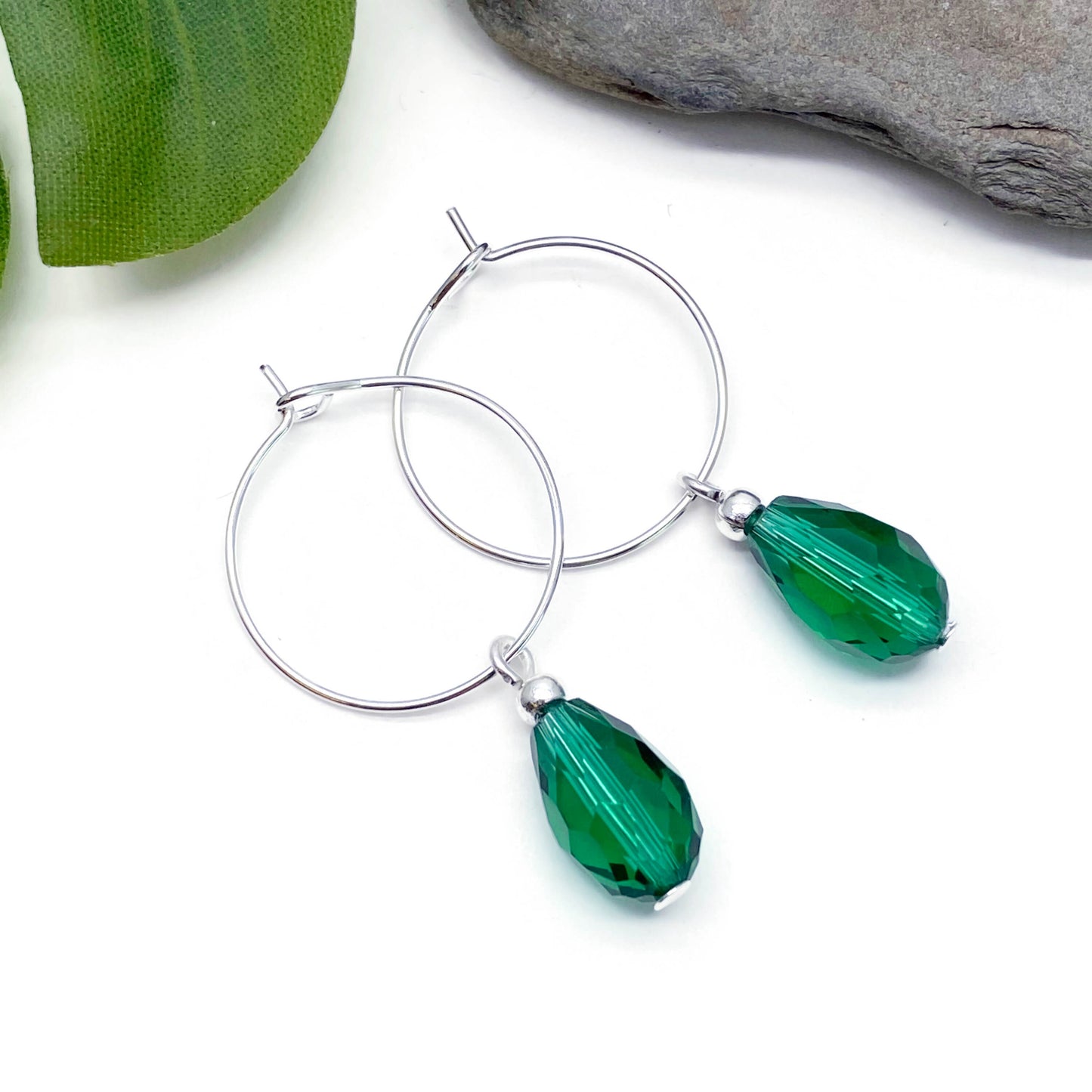 Sea Green Glass Drop Bead Silver Plated Hoops : 20mm