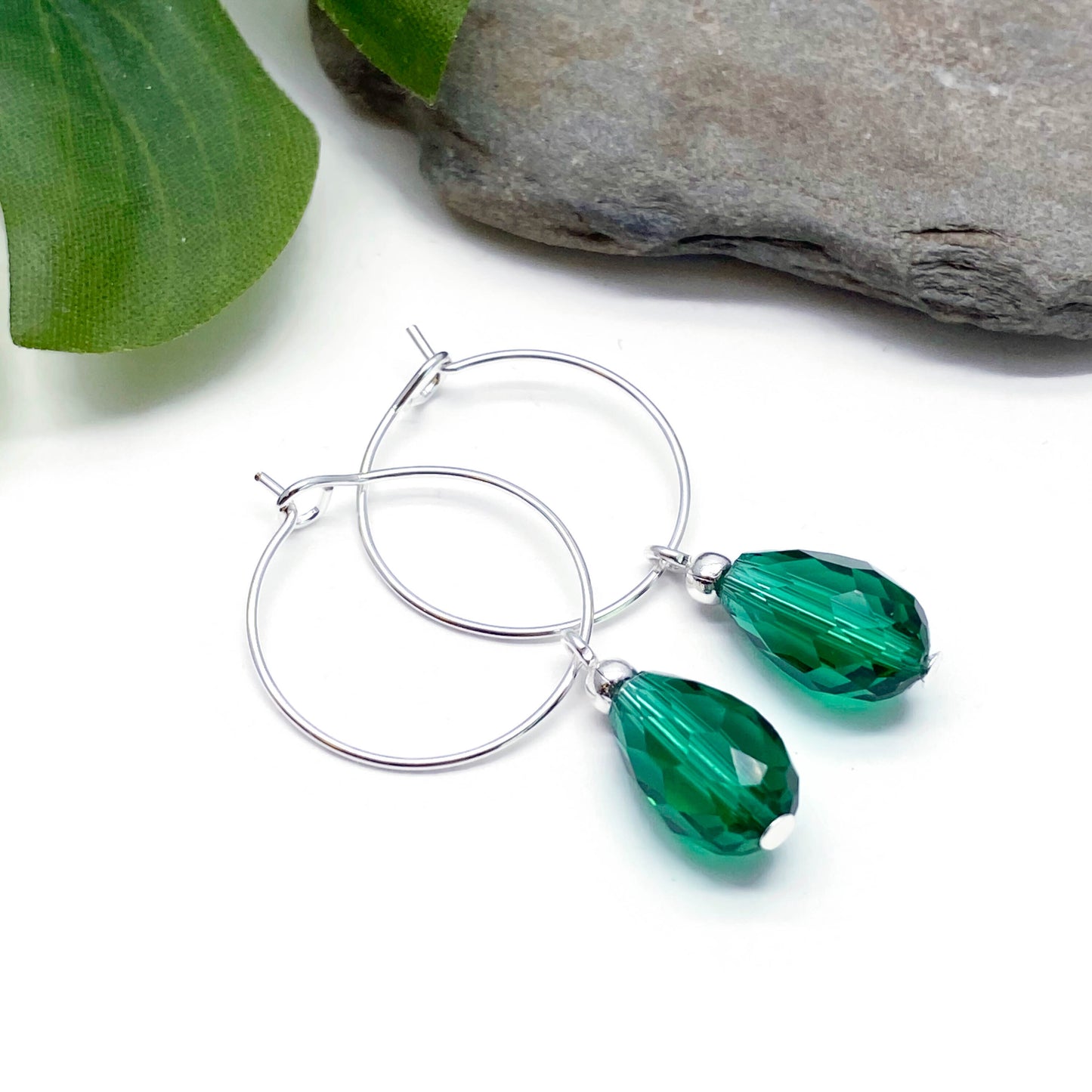 Sea Green Glass Drop Bead Silver Plated Hoops : 20mm
