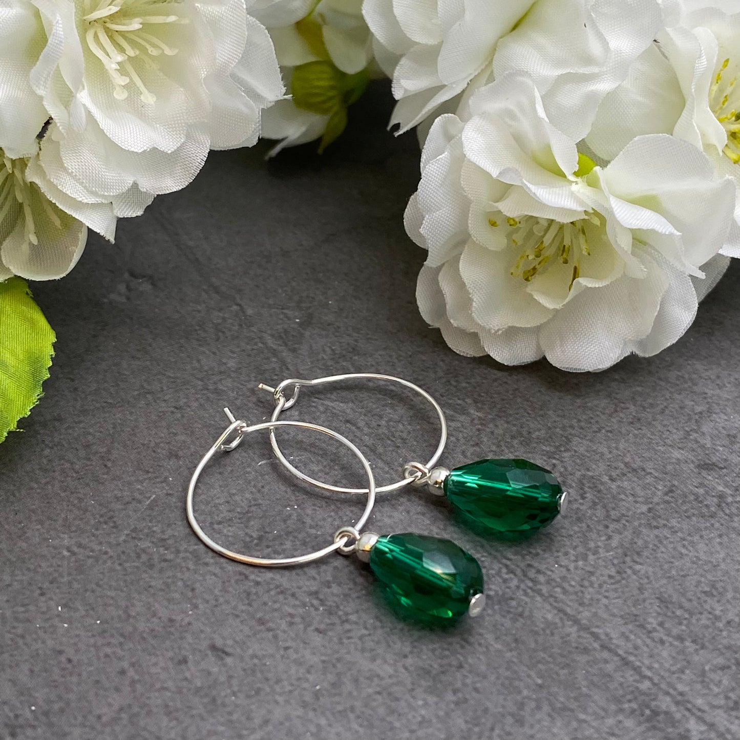 Sea Green Glass Drop Bead Silver Plated Hoops : 20mm