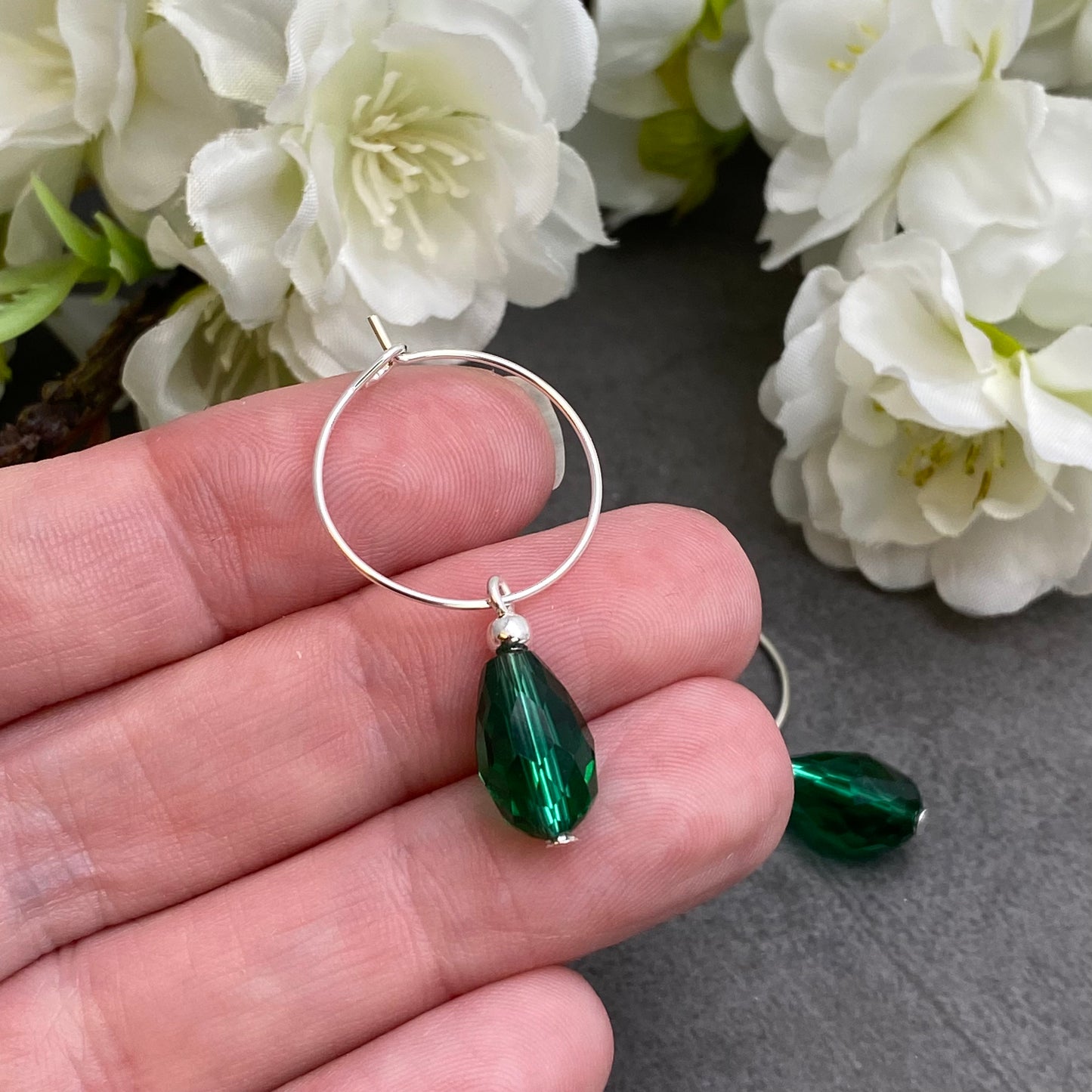 Sea Green Glass Drop Bead Silver Plated Hoops : 20mm