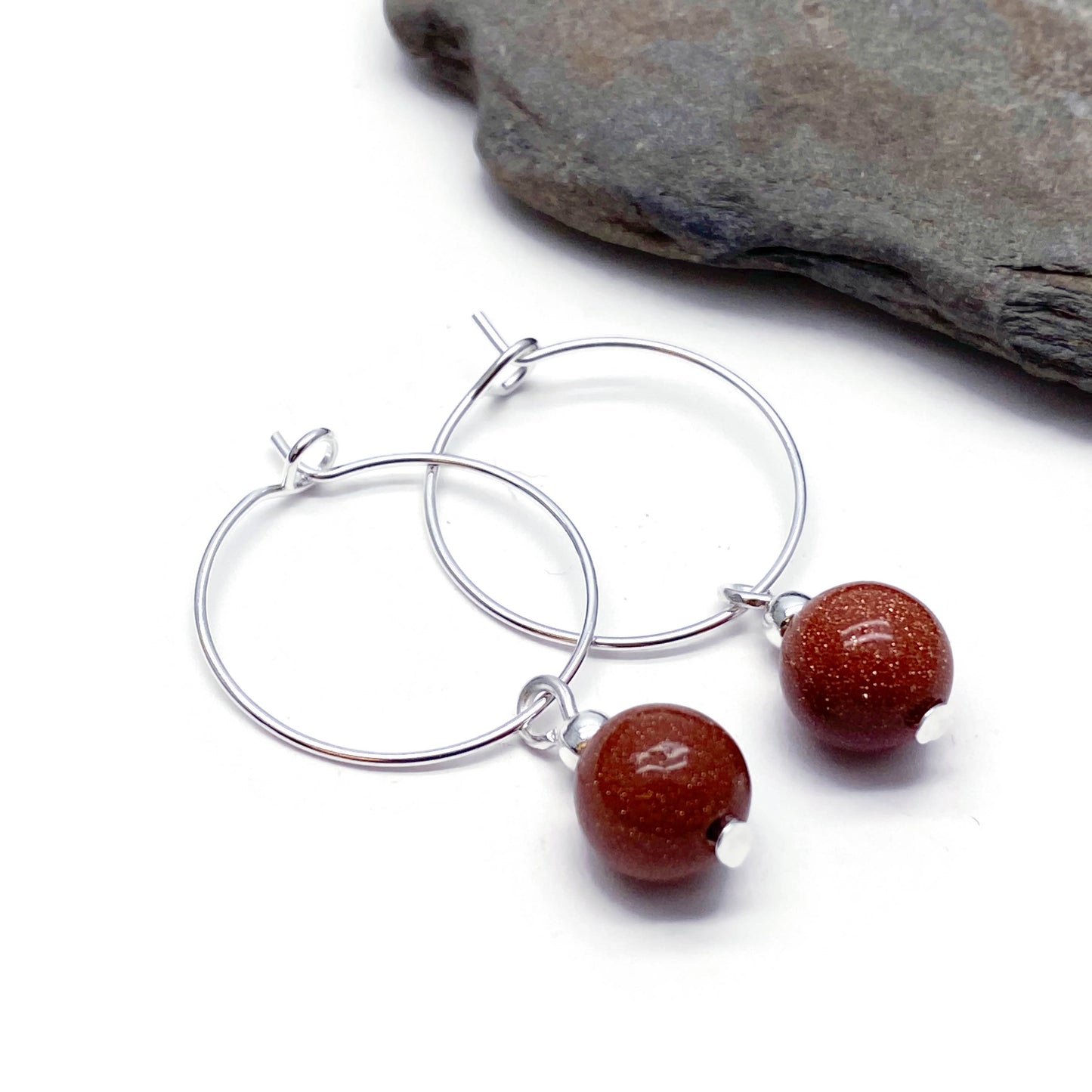 Brown Goldstone 8mm Bead Silver Plated Hoops : 20mm