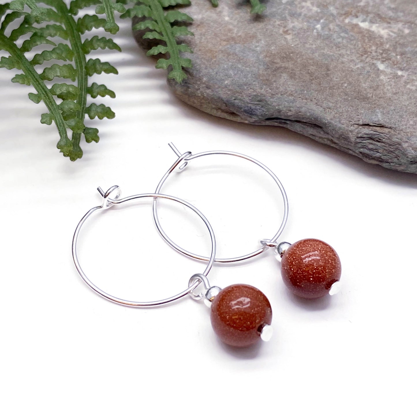 Brown Goldstone 8mm Bead Silver Plated Hoops : 20mm