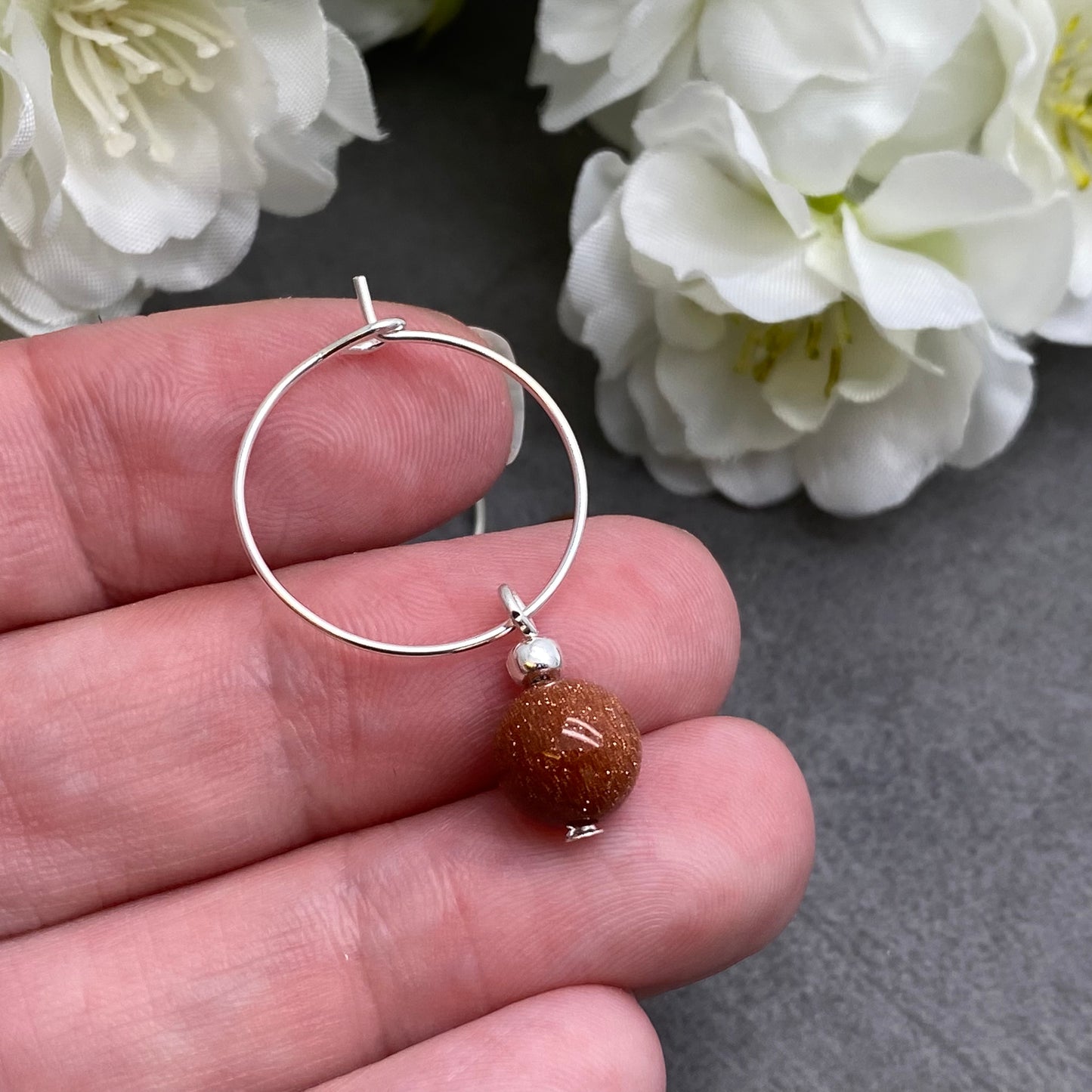 Brown Goldstone 8mm Bead Silver Plated Hoops : 20mm