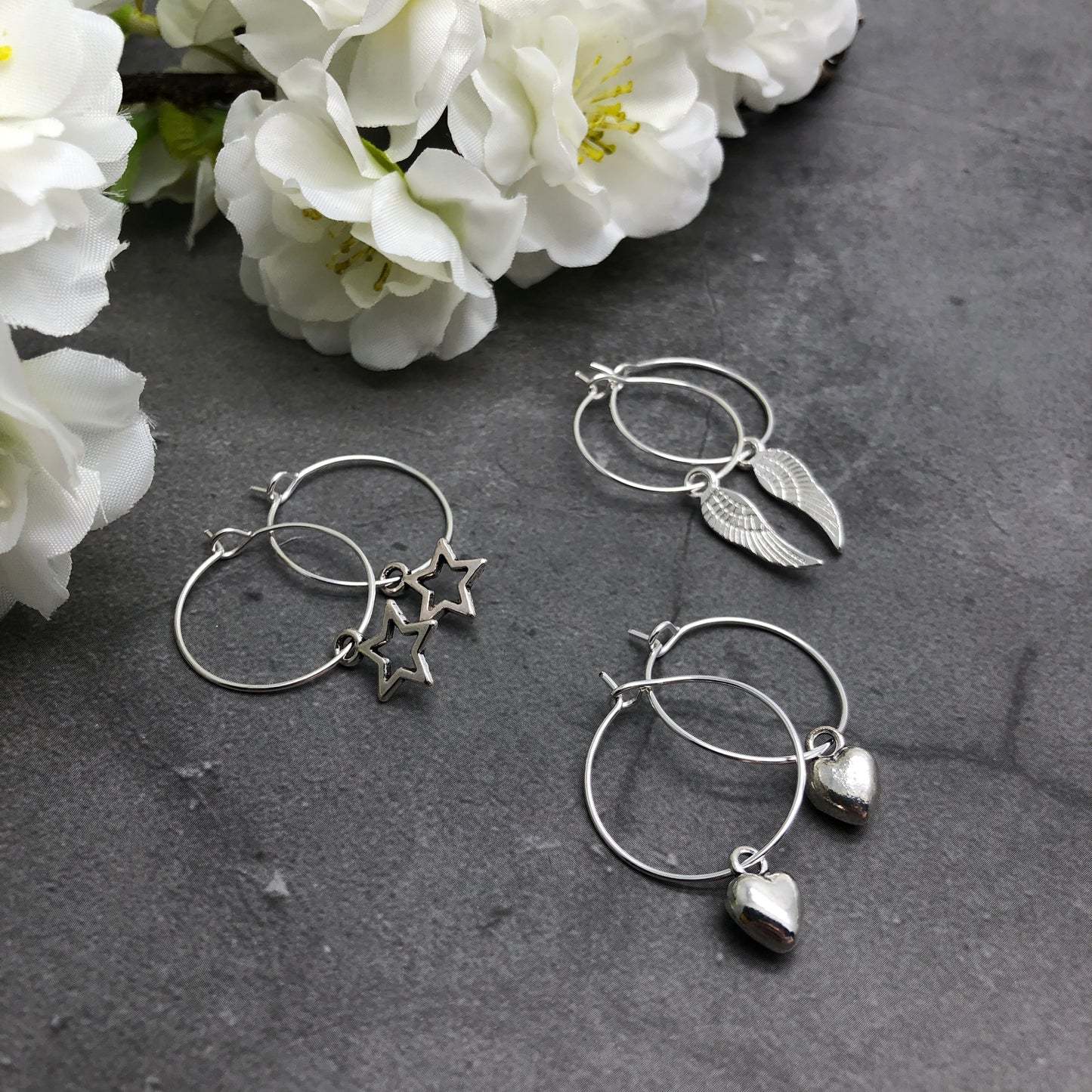 Wings, Stars and Hearts Charm Hoop Earrings Set