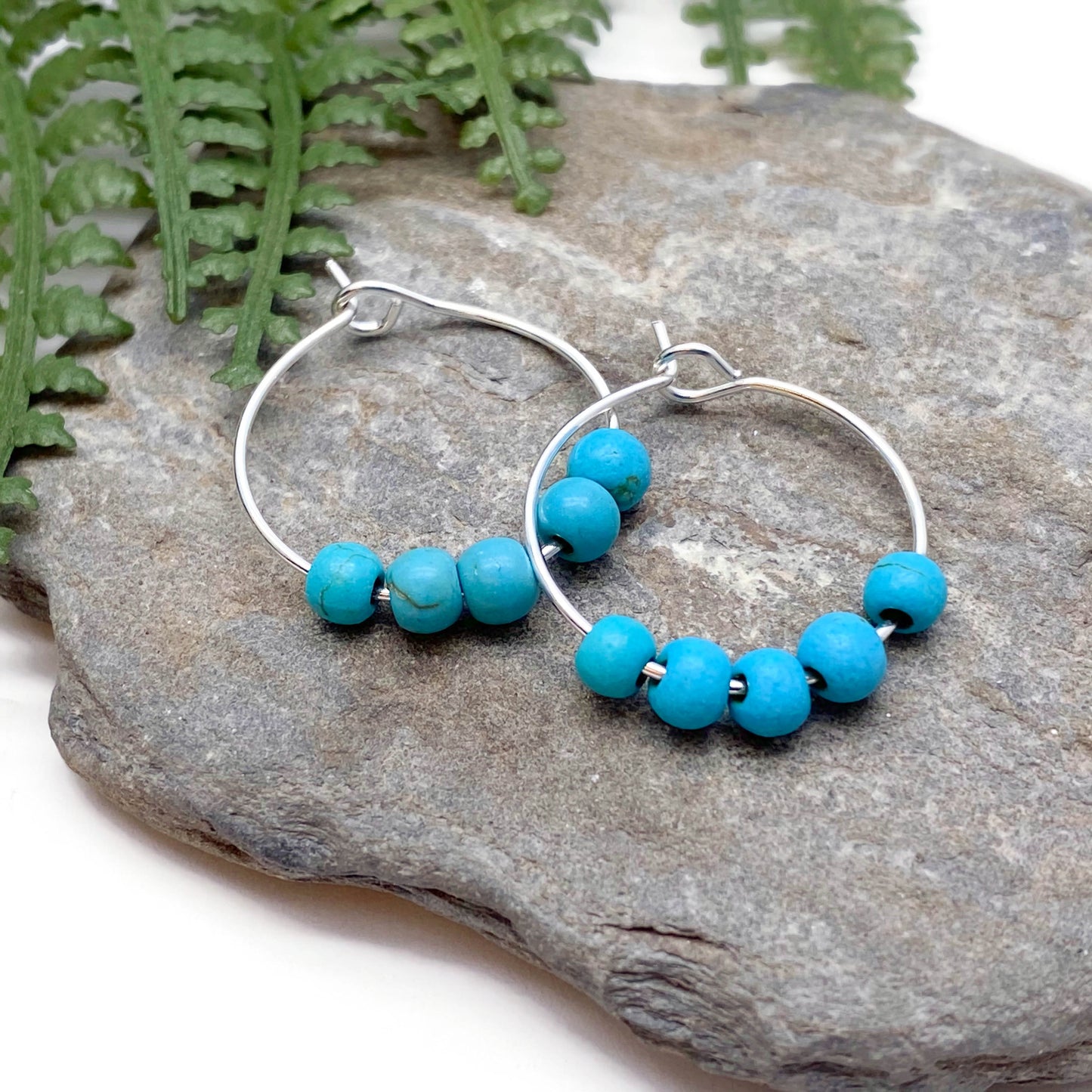 Turquoise 4mm Stone Bead Silver Tone Hoops : 20mm