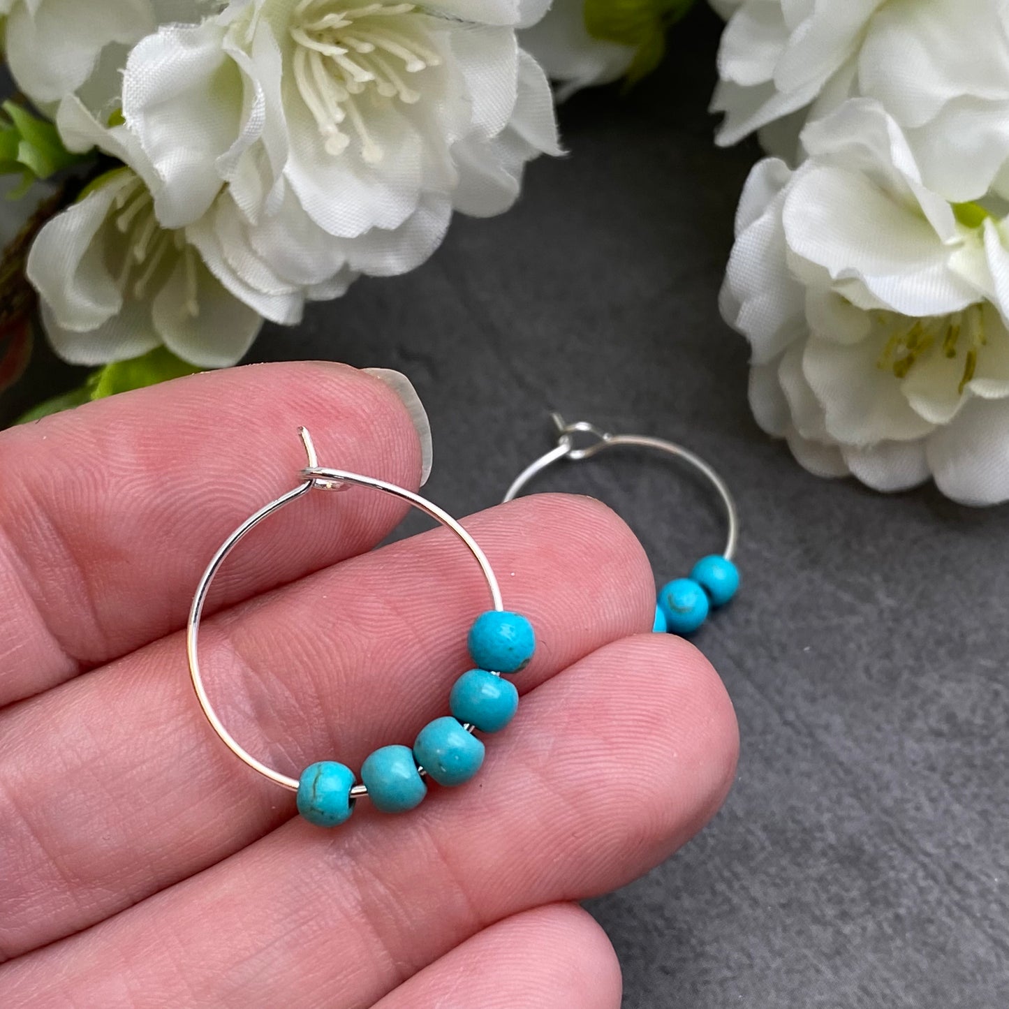 Turquoise 4mm Stone Bead Silver Tone Hoops : 20mm
