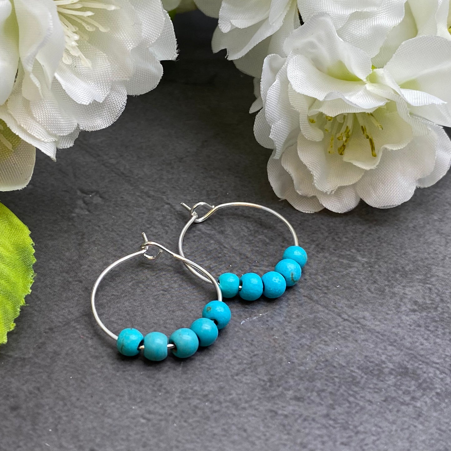 Turquoise 4mm Stone Bead Silver Tone Hoops : 20mm