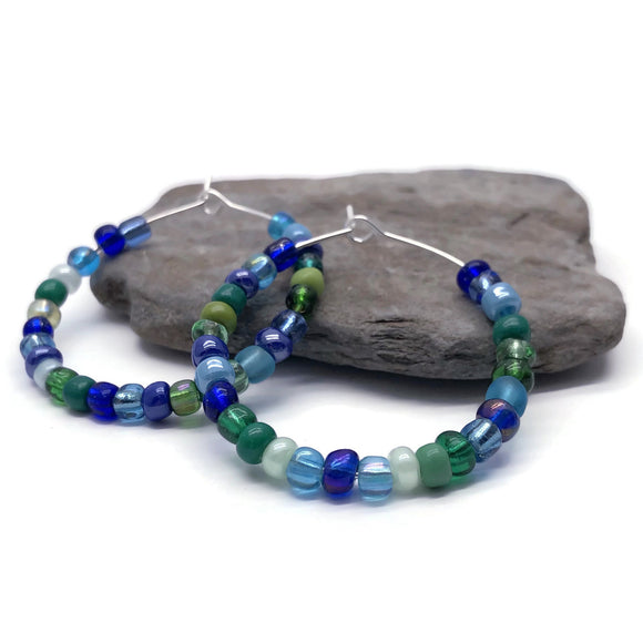 Blue and Green Mix Glass Seed Beads Hoops