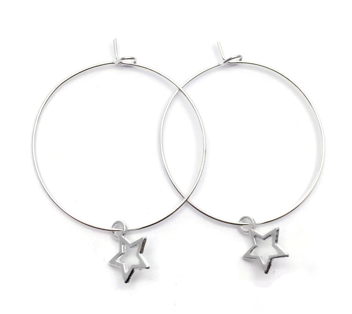 Small Star Charm Silver Plated Hoop Earrings : 35mm Diameter
