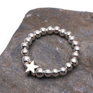 Tiny Star Charm Stretch Ring with Small Silver Beads