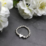 Small Heart Charm Stretch Ring with Silver Beads