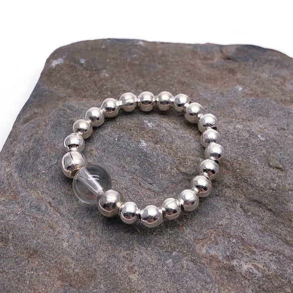 Rock Crystal Stretch Ring with Silver Beads