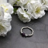 Amethyst Bead Stretch Ring with Small Silver Tone Beads