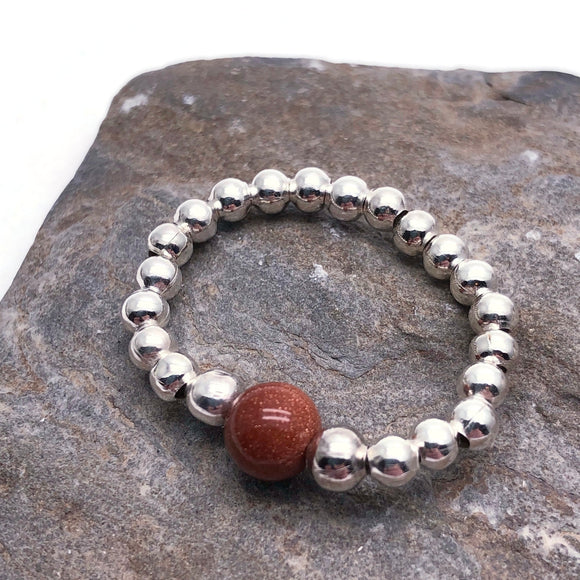 Brown Goldstone Stretch Ring with Silver Beads