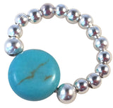 Flat Turquoise Stretch Ring with Silver Plated Beads