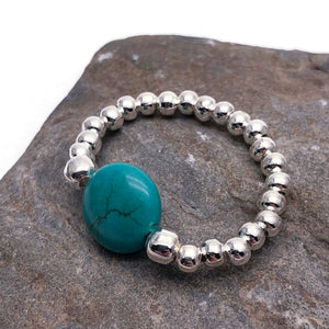 Flat Turquoise Stretch Ring with Silver Beads