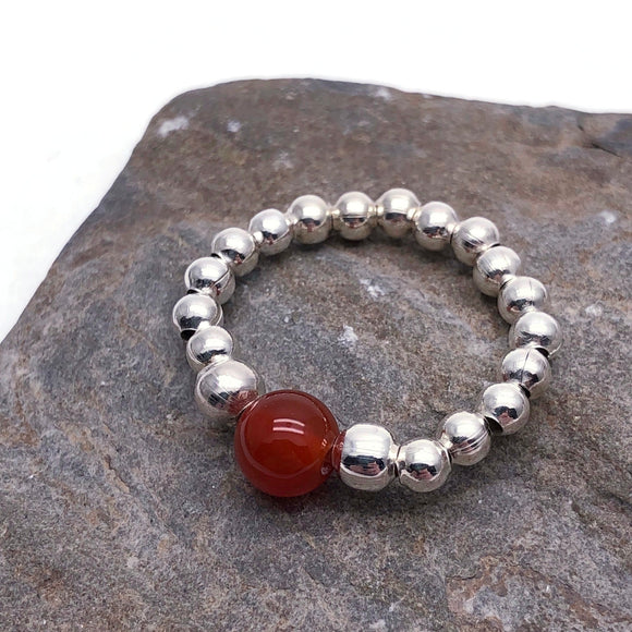 Carnelian Stretch Ring with Small Silver Beads