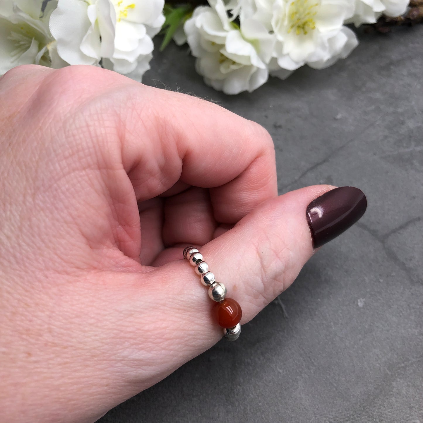 Carnelian Stretch Ring with Silver Plated Beads