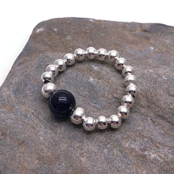 Blue Goldstone Stretch Ring with Small Silver Beads