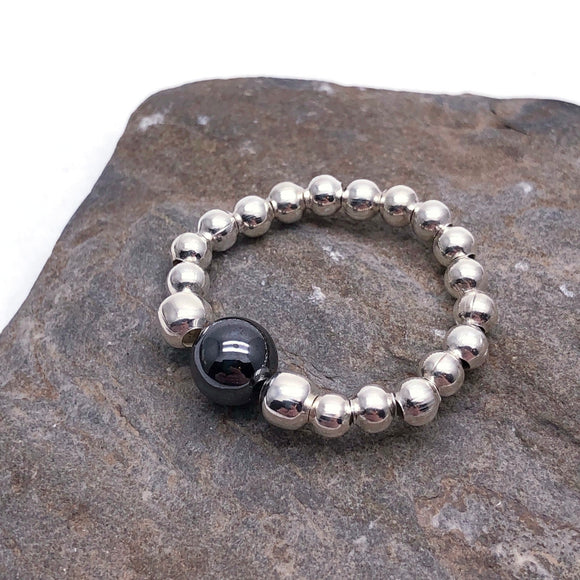 Hematite Stretch Ring with Small Silver Beads