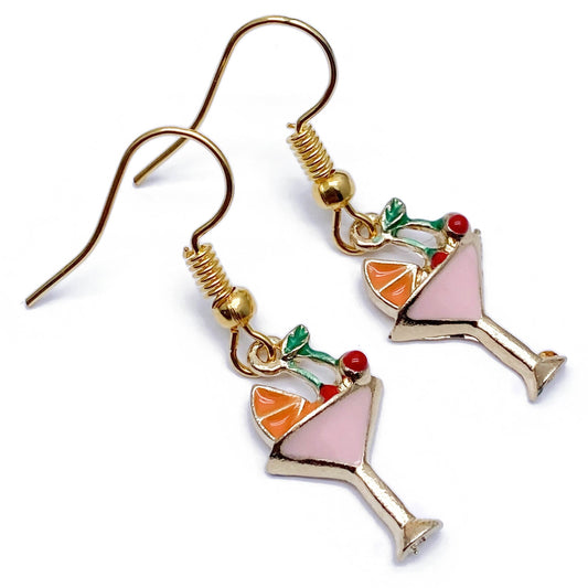 Cocktail Glass Earrings, Pink Enamel Charms