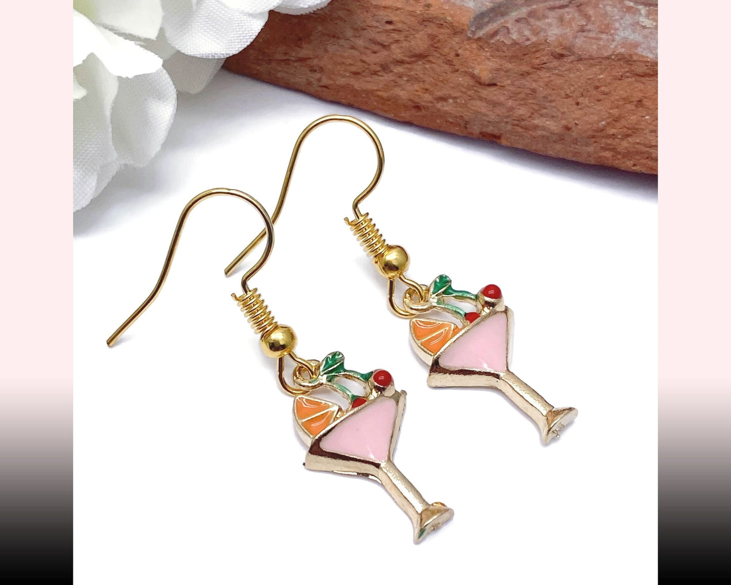 Cocktail Glass Earrings, Pink Enamel Charms