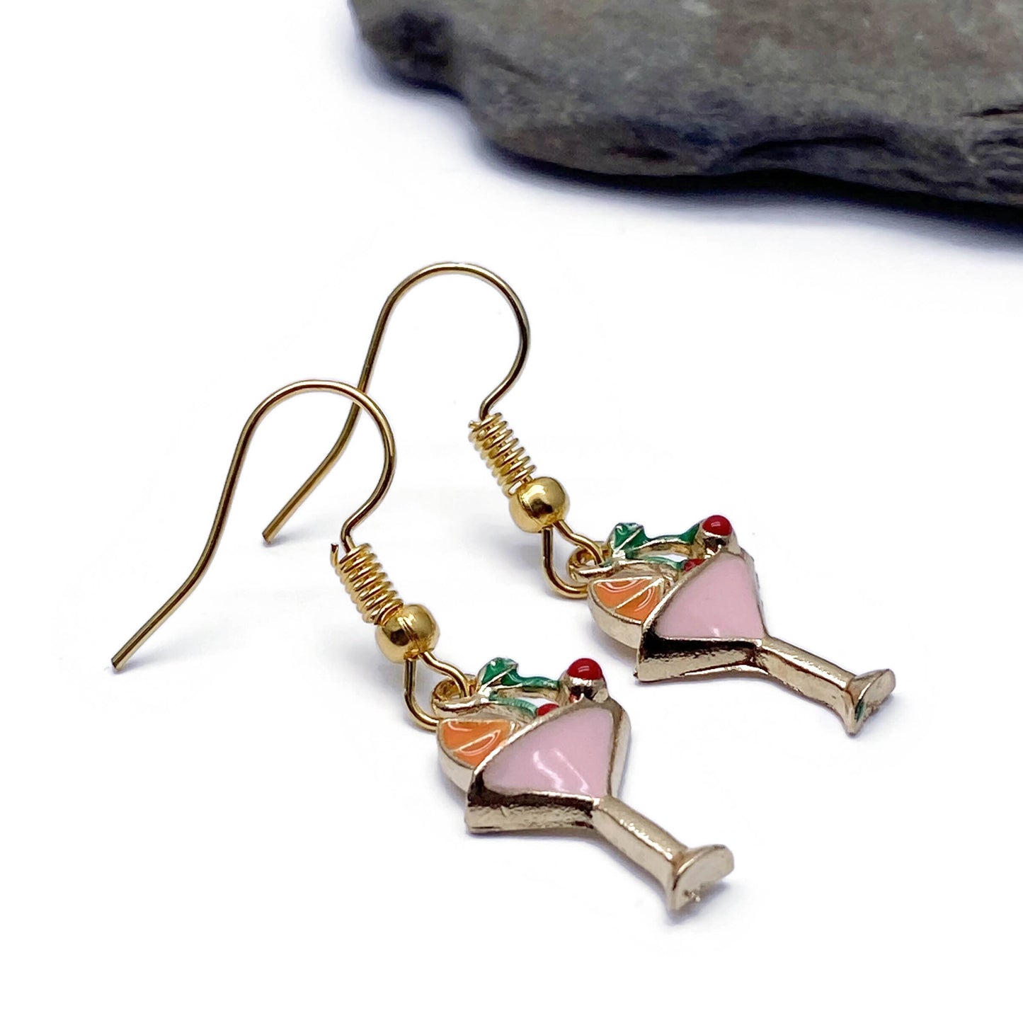 Cocktail Glass Earrings, Pink Enamel Charms
